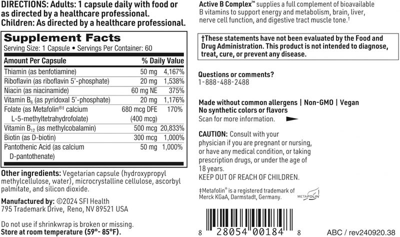 Klaire Labs SFI Health Active B Complex  Methylated Vitamin B Complex with Methyl Folate B12 B6 and More  Support Healthy Energy Brain Liver  Nerve Function 60 Capsules - Image 5