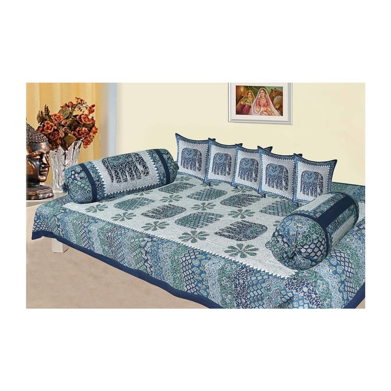 SkyKross - Everyday A New Thing SkyKross Everyday A New Thing Barmeri Special Hathi Pure Soft Cotton Diwan Cover Set 8 Pcs Set 5 Cushion Cover2 Bolster Cover1 Bedsheet DARKBLUE - Image 1