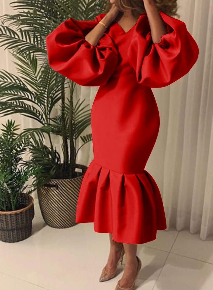 Loquat Solid V-neck Bubble Long Sleeve Fishtail Skirt Red 