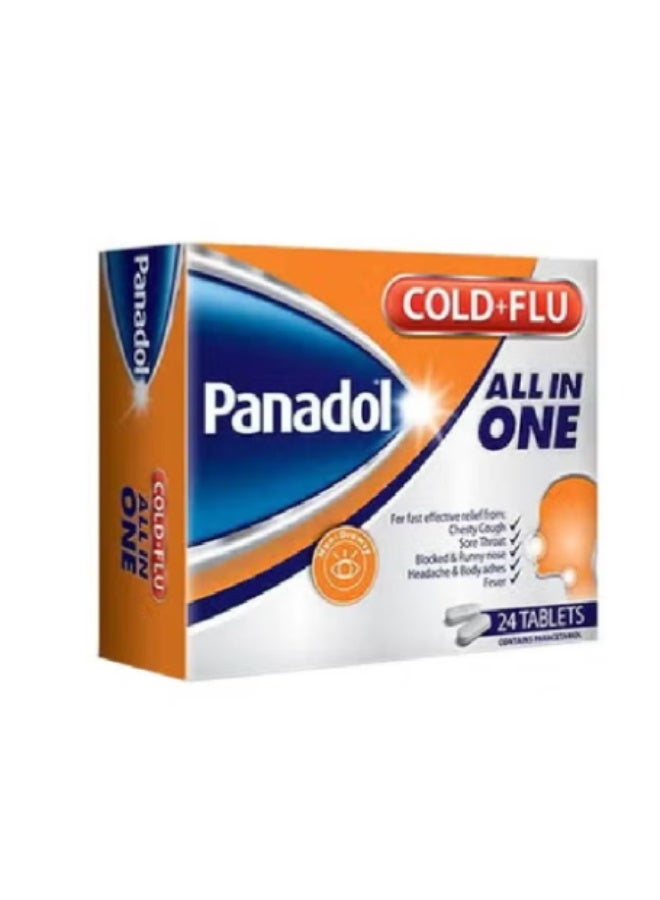Panadol Cold and Flu All in One Chesty Cough Sore Throat Blocked and Runny Nose Body Pain Headache Fever Paracetamol 24 Tablet