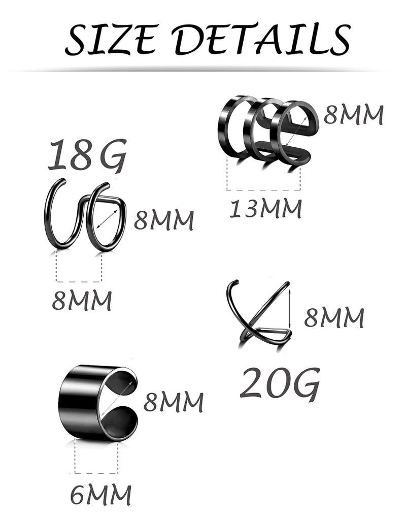 Tornito 4-10 Pairs Stainless Steel Ear Cuff Helix Cartilage Clip On Wrap Earrings Fake Nose Ring Non-Piercing Adjustable (E1:4 Pairs, Black Tone) - Image 3