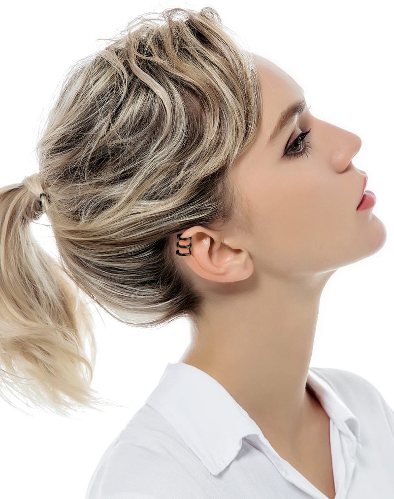 Tornito 4-10 Pairs Stainless Steel Ear Cuff Helix Cartilage Clip On Wrap Earrings Fake Nose Ring Non-Piercing Adjustable (E1:4 Pairs, Black Tone) - Image 2