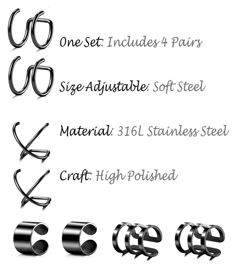 Tornito 4-10 Pairs Stainless Steel Ear Cuff Helix Cartilage Clip On Wrap Earrings Fake Nose Ring Non-Piercing Adjustable (E1:4 Pairs, Black Tone) - Image 4