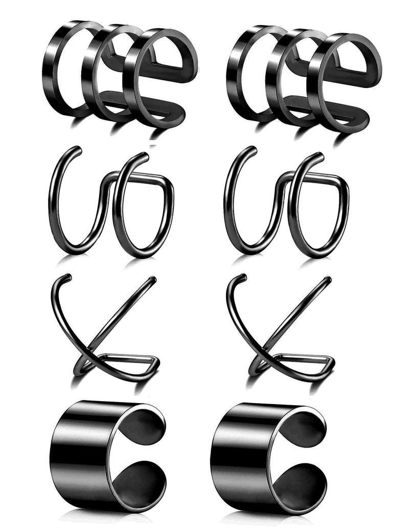 Tornito 4-10 Pairs Stainless Steel Ear Cuff Helix Cartilage Clip On Wrap Earrings Fake Nose Ring Non-Piercing Adjustable (E1:4 Pairs, Black Tone) - Image 1