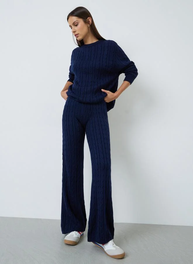 Styli Navy Blue Cable Knit Sweater And Pants Co-Ord Set