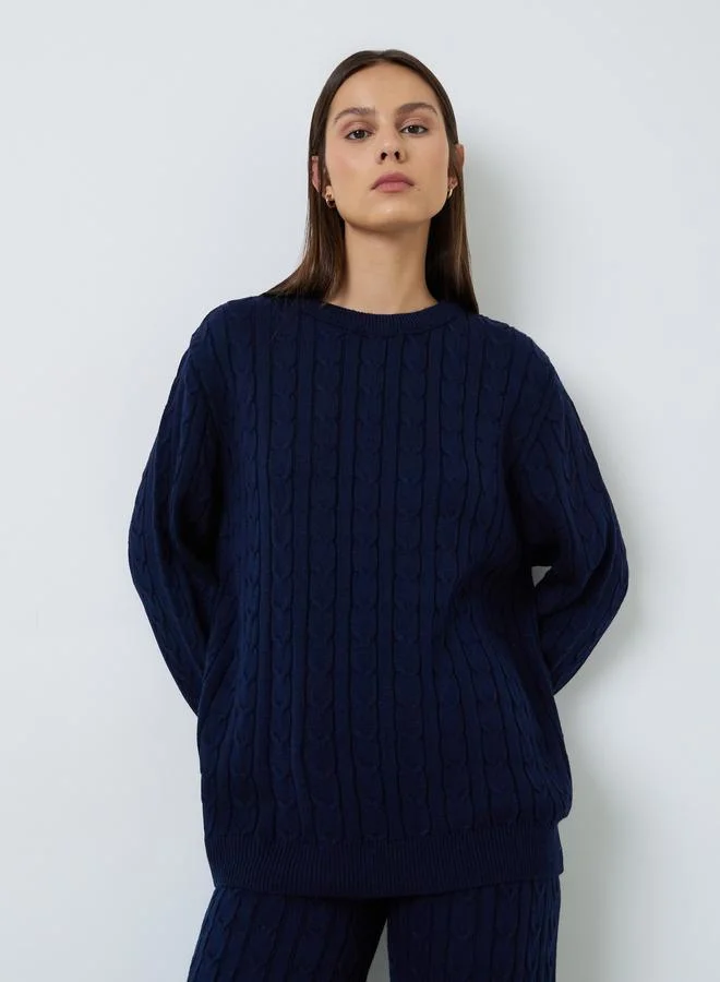 Styli Navy Blue Cable Knit Sweater And Pants Co-Ord Set