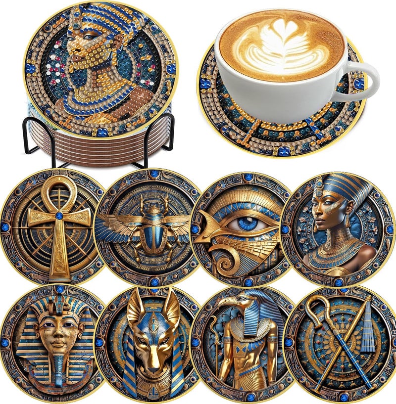 Mrnsiet 8 PCS Diamond Art Coasters Kits with Holder, 5D DIY Egyptian Diamond Pinting Coaster Acrylic Non Slip Coaster with Cork Pads for Tabletop Protection 10×10 CM - Image 1