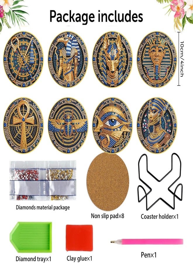 Mrnsiet 8 PCS Diamond Art Coasters Kits with Holder, 5D DIY Egyptian Diamond Pinting Coaster Acrylic Non Slip Coaster with Cork Pads for Tabletop Protection 10×10 CM - Image 3