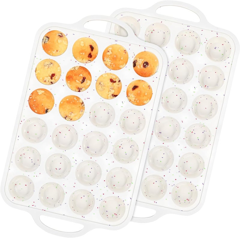 Fimary Silicone Muffin Pans With Metal Reinforced Frame - 24 Cups Durable Silicone Baking Pan for Muffins, Cupcakes, BPA Free and Dishwasher Safe - Beige with Rainbow Spots, Set of 2 - Image 1