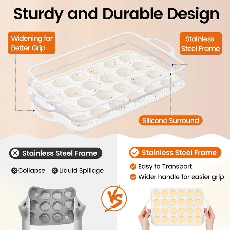 Fimary Silicone Muffin Pans With Metal Reinforced Frame - 24 Cups Durable Silicone Baking Pan for Muffins, Cupcakes, BPA Free and Dishwasher Safe - Beige with Rainbow Spots, Set of 2 - Image 4