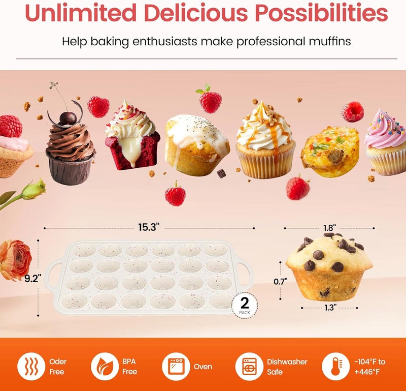 Fimary Silicone Muffin Pans With Metal Reinforced Frame - 24 Cups Durable Silicone Baking Pan for Muffins, Cupcakes, BPA Free and Dishwasher Safe - Beige with Rainbow Spots, Set of 2 - Image 5