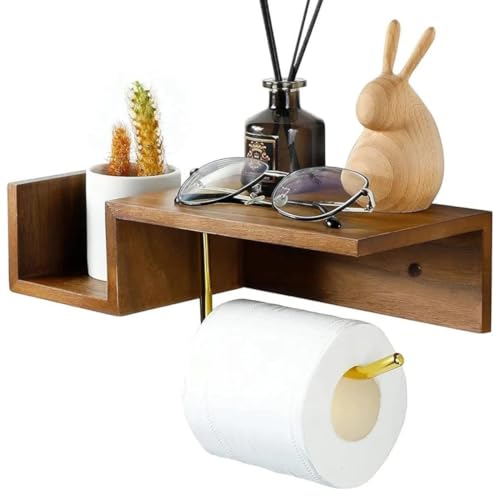 Crysellewoods Wooden Toilet Paper Holder Wall Mount with Shelf - Farmhouse Bathroom Storage Rack for Tissue Rolls, Rustic Bathroom Decor Brown (Brown Walnut) - Image 1