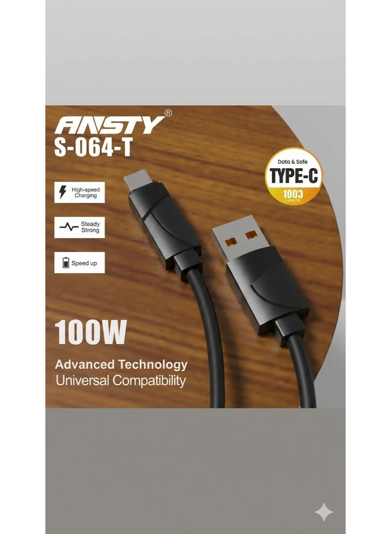 انستي ANSTY سلك فائق السرعة USB إلى تايب-C بقدرة 100 واط (1 متر) - للشحن ونقل البيانات وسليكون مقاوم للحرائق - S-064-T - Image 3