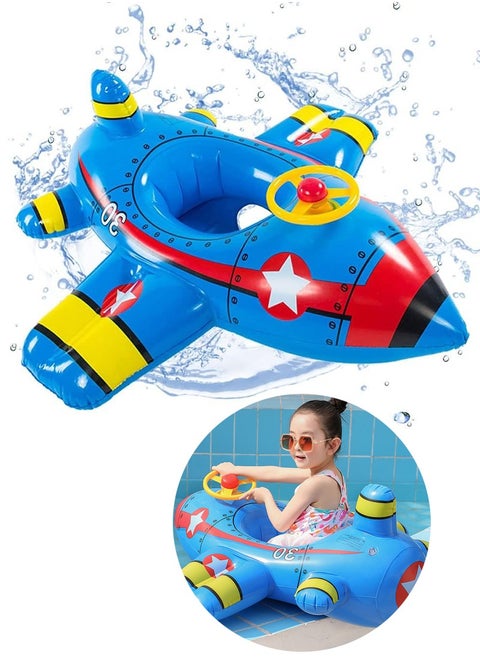 Children's Swimming Inflatable Float Cool Airplane-shaped Swimming Float Seat Ring with Steering Wheel for Swimming Pool, Water Play Toy for Kids 1-6 Years Old (Blue)