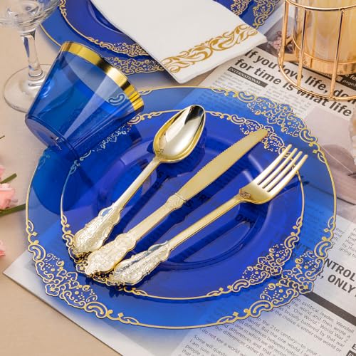 Bestluck 350PCS Clear Blue Plastic Plates for 50 Guests, Disposable Plates with Gold Trim include 50 Dinner and Dessert Plates, 150 Gold Silverware, 50 Cups, 50 Napkins for Party, Wedding & Graduation - Image 3