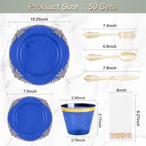 Bestluck 350PCS Clear Blue Plastic Plates for 50 Guests, Disposable Plates with Gold Trim include 50 Dinner and Dessert Plates, 150 Gold Silverware, 50 Cups, 50 Napkins for Party, Wedding & Graduation - Image 2