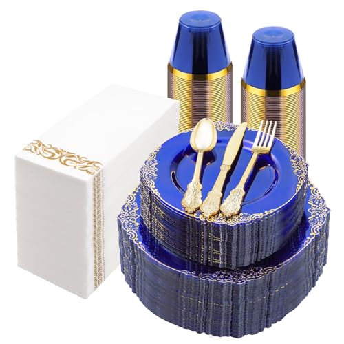 Bestluck 350PCS Clear Blue Plastic Plates for 50 Guests, Disposable Plates with Gold Trim include 50 Dinner and Dessert Plates, 150 Gold Silverware, 50 Cups, 50 Napkins for Party, Wedding & Graduation - Image 1
