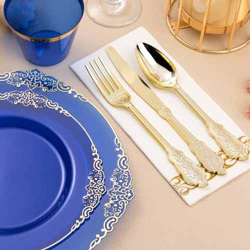 Bestluck 350PCS Clear Blue Plastic Plates for 50 Guests, Disposable Plates with Gold Trim include 50 Dinner and Dessert Plates, 150 Gold Silverware, 50 Cups, 50 Napkins for Party, Wedding & Graduation - Image 4