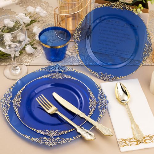 Bestluck 350PCS Clear Blue Plastic Plates for 50 Guests, Disposable Plates with Gold Trim include 50 Dinner and Dessert Plates, 150 Gold Silverware, 50 Cups, 50 Napkins for Party, Wedding & Graduation - Image 5