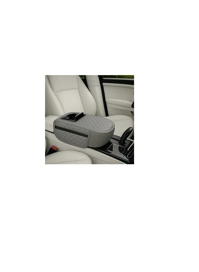 4×1 Car Armrest with Double Cup Holder, Phone Slot and Side Storage Pockets – Comfortable armrest expansion with luxurious leather design that fits most cars (gray) - Image 2