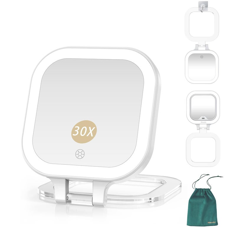 Mocado Compact Travel Makeup Mirror, 1X/30X Magnifying Mirror with Light, Double Sides Compact Mirror with 3 Color Light, Dimmable Handheld Mirror, Rechargeable Travel for Purse,Pocket(White) - Image 1