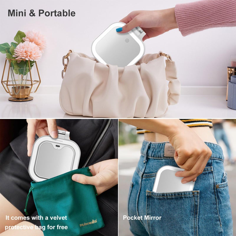 Mocado Compact Travel Makeup Mirror, 1X/30X Magnifying Mirror with Light, Double Sides Compact Mirror with 3 Color Light, Dimmable Handheld Mirror, Rechargeable Travel for Purse,Pocket(White) - Image 2