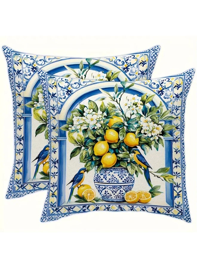 غطاء وسادة من البورسلين الأزرق والأبيض بنقشة الزهرة الباروكية باللون الأصفر، قطعتان - Image 1