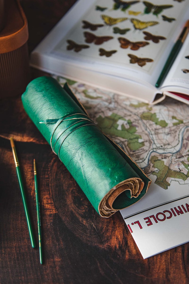 Modest Goods Handmade Leather Scroll Journal - 100 Pages Vintage Style Unlined Deckle Edge Rustic Paper - 9x6 Book of Shadows, Grimoire, Fantasy Gifts, Sketchbook, Antique Scrapbook (Green w/Vintage Paper) - Image 2