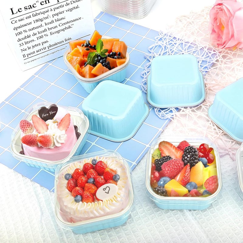 ylnurac 100Pack 5oz Blue Mini Cake Pans with Lids Baking Cups Aluminum Foil Pans Tins, Individual Dessert Cups Containers for Sales,Party,Picnics - Image 2