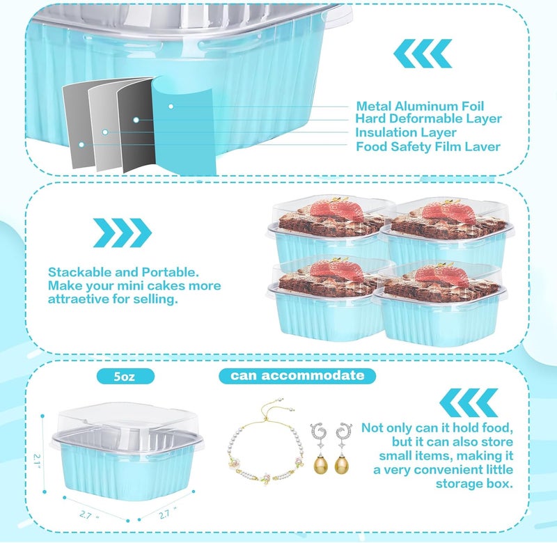 ylnurac 100Pack 5oz Blue Mini Cake Pans with Lids Baking Cups Aluminum Foil Pans Tins, Individual Dessert Cups Containers for Sales,Party,Picnics - Image 5