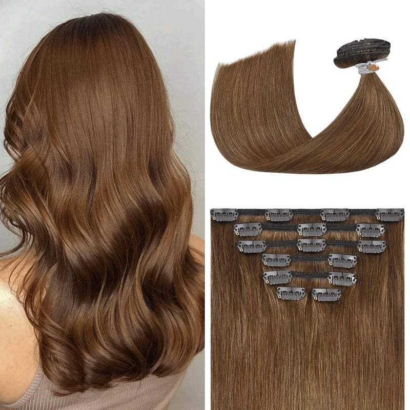 Aison Light Brown Hair Extensions Clip in Real Human Hair 70G 100 Remy Human Hair Clip in Extensions for Women 7pcs 16clips 18 Inch 6 Brown Hair ExtensionsChestnut Brown Hair Extensions