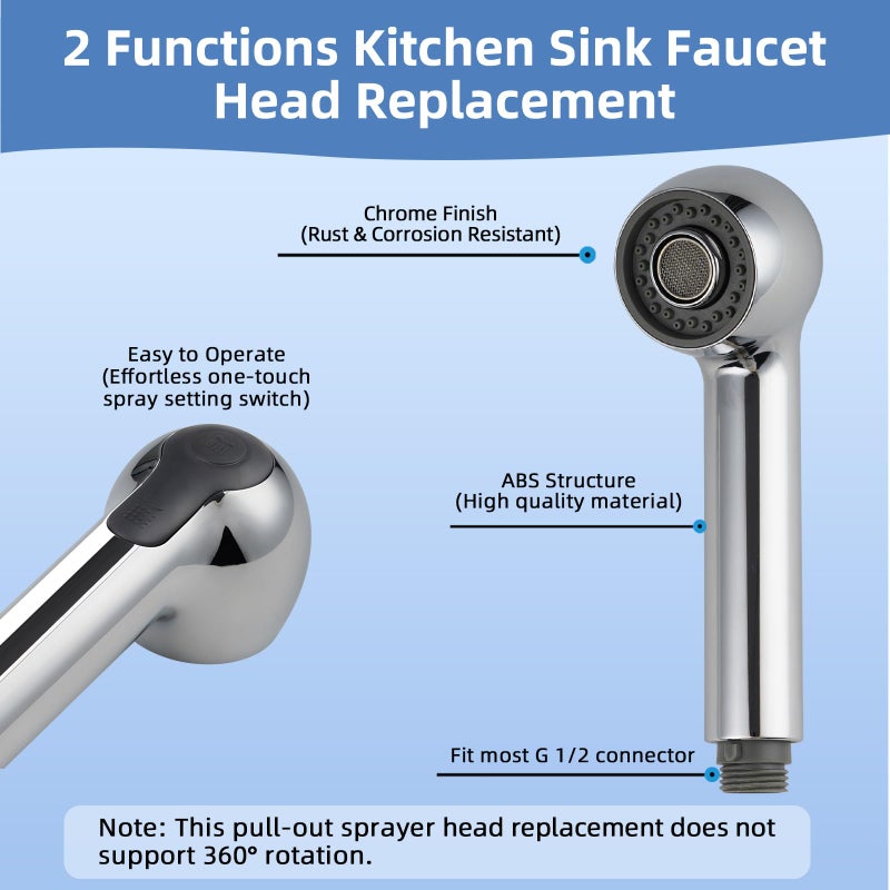 Hibbent Pull Out Sink Sprayer Head Replacement, 2 Function Kitchen Sink Faucet Head, G1/2 or 13/16 Inch Thread Faucet Head Kitchen Tap Sprayer Spout, Chrome - Image 3