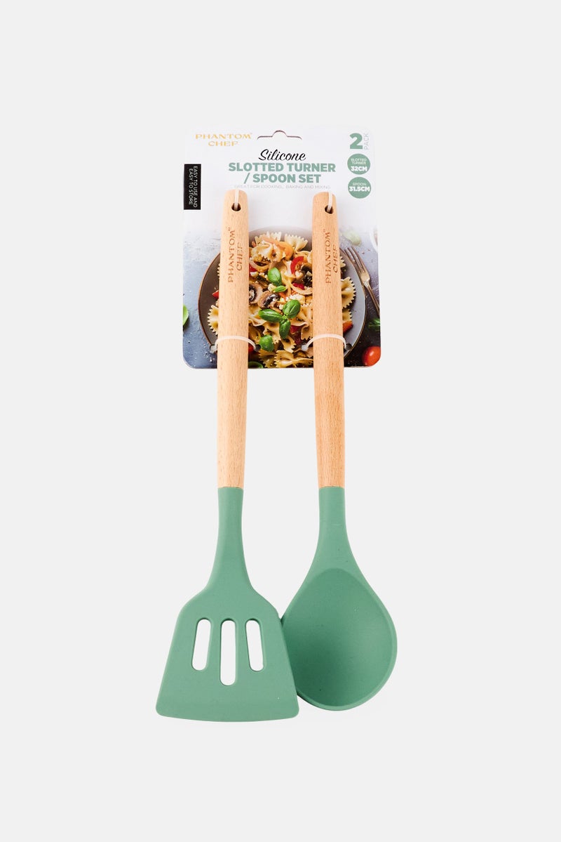 Phantom Chef Silicone Slotted Turner And Spoon Set, Green - Image 1