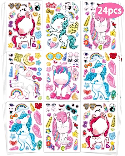 Greingways 24 Pcs Make Your Own Unicorn Sticker Sheet Unicorn Party Favors Face Stickers for Kids Girls Toddlers Crafts Activities Bags Birthday Party Favors Valentines Day Gifts for Kids Classroom - Image 1