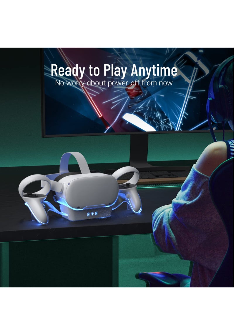 قاعدة شحن VR لجهاز أوكولس كويست 2 مع ضوء LED، وقاعدة شحن سريعة لسماعة الرأس ووحدات التحكم باللمس، تتضمن بطاريتين قابلتين لإعادة الشحن وموصل مغناطيسي نوع-C - Image 4