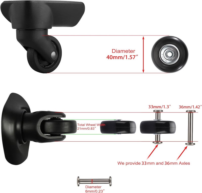 OwnMy 40mm x 18mm Luggage Suitcase Replacement Wheels - Set of 4 Rubber Swivel Caster Wheels with Bearings - Image 3