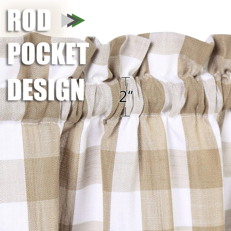 Bapawfish Beige Kitchen Cafe Curtains 45 Inches Length, Farmhouse Buffalo Check Pattern Short Bathroom Window Curtain, Tan Plaid Gingham Flax Rustic Half Window Tier Curtains, 28" x 45", Linen, Set of 2 - Image 2