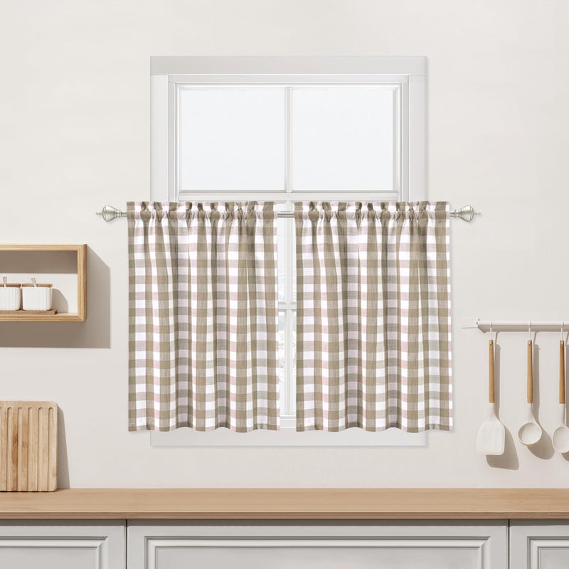 Bapawfish Beige Kitchen Cafe Curtains 45 Inches Length, Farmhouse Buffalo Check Pattern Short Bathroom Window Curtain, Tan Plaid Gingham Flax Rustic Half Window Tier Curtains, 28" x 45", Linen, Set of 2 - Image 1