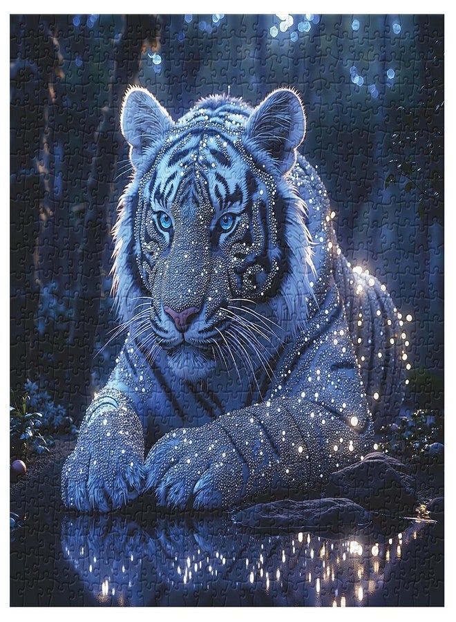 PPuzzling White Tiger Puzzles for Adults 1000 Pieces, Glowing Blue Forest Scene Jigsaw Puzzles, Fantasy Wildlife Animal Puzzle - Image 1
