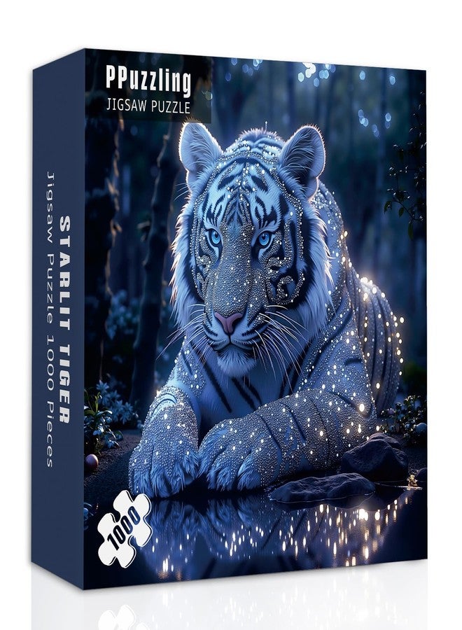 PPuzzling White Tiger Puzzles for Adults 1000 Pieces, Glowing Blue Forest Scene Jigsaw Puzzles, Fantasy Wildlife Animal Puzzle - Image 2