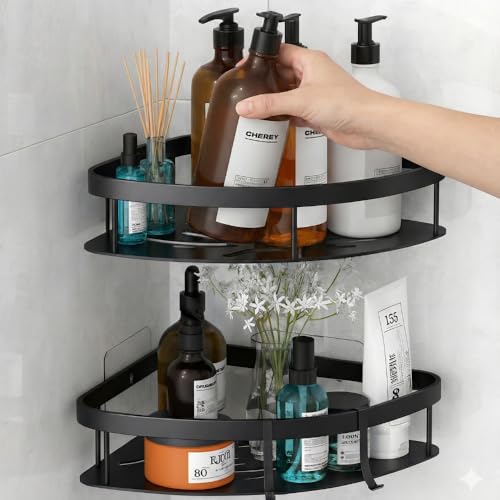 SUBATHRA Bathroom Corner Shelf Wall Mount | No-Drill Adhesive Corner Rack | Space-Saving Bathroom Organiser (Pack of 2, Black) - Image 1