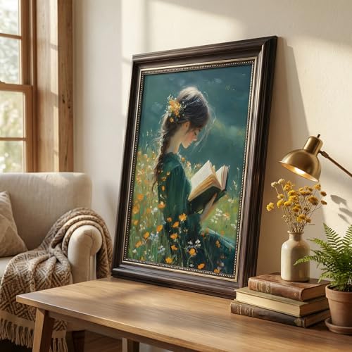 MHYIDUT Vintage Dark Brown Framed Girl Books Canvas Wall Art Inspirational Kids Educational Wall Decor Picture Girl Reading On The Grass Poster Print for Children'S Room Living Room Bedroom Home Decoration - Image 3