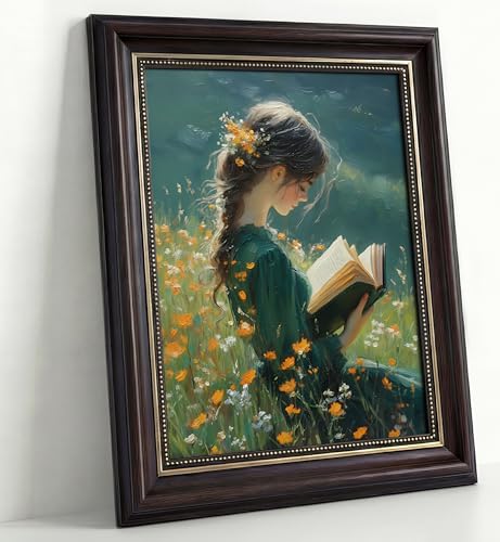 MHYIDUT Vintage Dark Brown Framed Girl Books Canvas Wall Art Inspirational Kids Educational Wall Decor Picture Girl Reading On The Grass Poster Print for Children'S Room Living Room Bedroom Home Decoration - Image 1