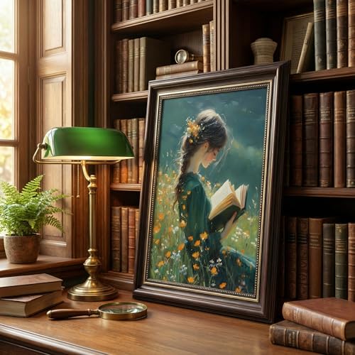 MHYIDUT Vintage Dark Brown Framed Girl Books Canvas Wall Art Inspirational Kids Educational Wall Decor Picture Girl Reading On The Grass Poster Print for Children'S Room Living Room Bedroom Home Decoration - Image 5