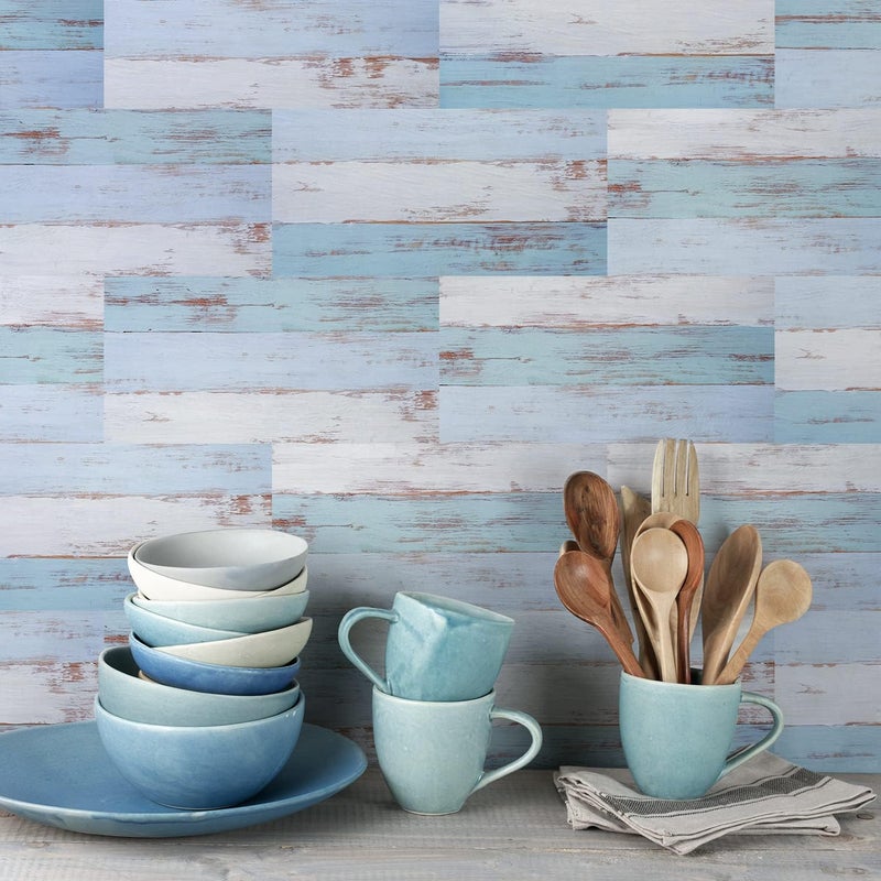Alwayspon 30cmX15cmX10Pcs Vinyl Wall Floor Tile Sticker, Waterproof Sticky Back Tile Decals for Kitchen Bathroom Self-adhesive Peel and Stick PVC Tile Transfer, Stick on Tile, Blue and Turquoise - Image 1
