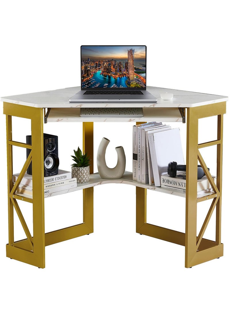 EqiEch Corner Computer Desk with Smooth Keyboard & Storage Shelves 80 x 80 x 75 cm Writing Study Desk Home Office Workstation(White&Gold)  - Image 1