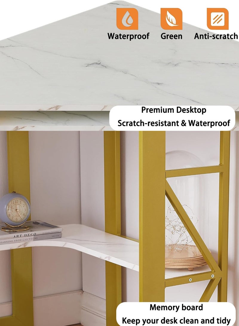 EqiEch Corner Computer Desk with Smooth Keyboard & Storage Shelves 80 x 80 x 75 cm Writing Study Desk Home Office Workstation(White&Gold)  - Image 3