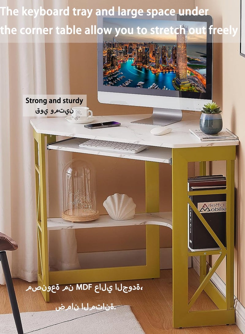 EqiEch Corner Computer Desk with Smooth Keyboard & Storage Shelves 80 x 80 x 75 cm Writing Study Desk Home Office Workstation(White&Gold)  - Image 2