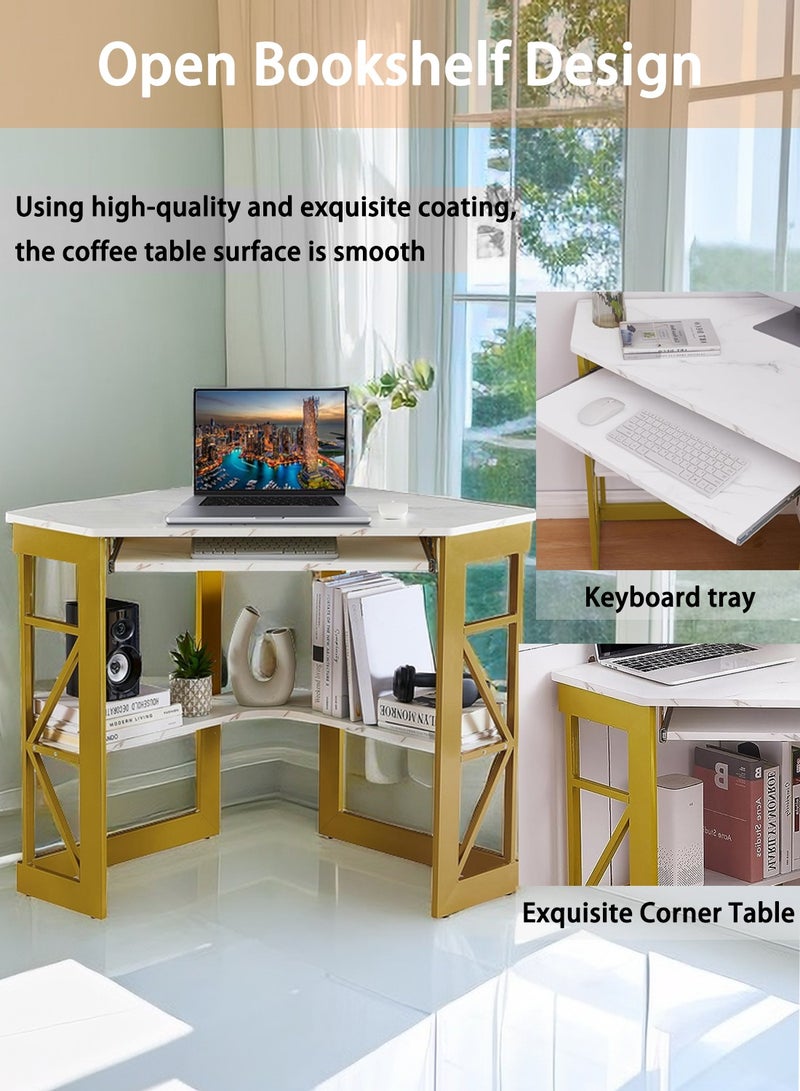 EqiEch Corner Computer Desk with Smooth Keyboard & Storage Shelves 80 x 80 x 75 cm Writing Study Desk Home Office Workstation(White&Gold)  - Image 5