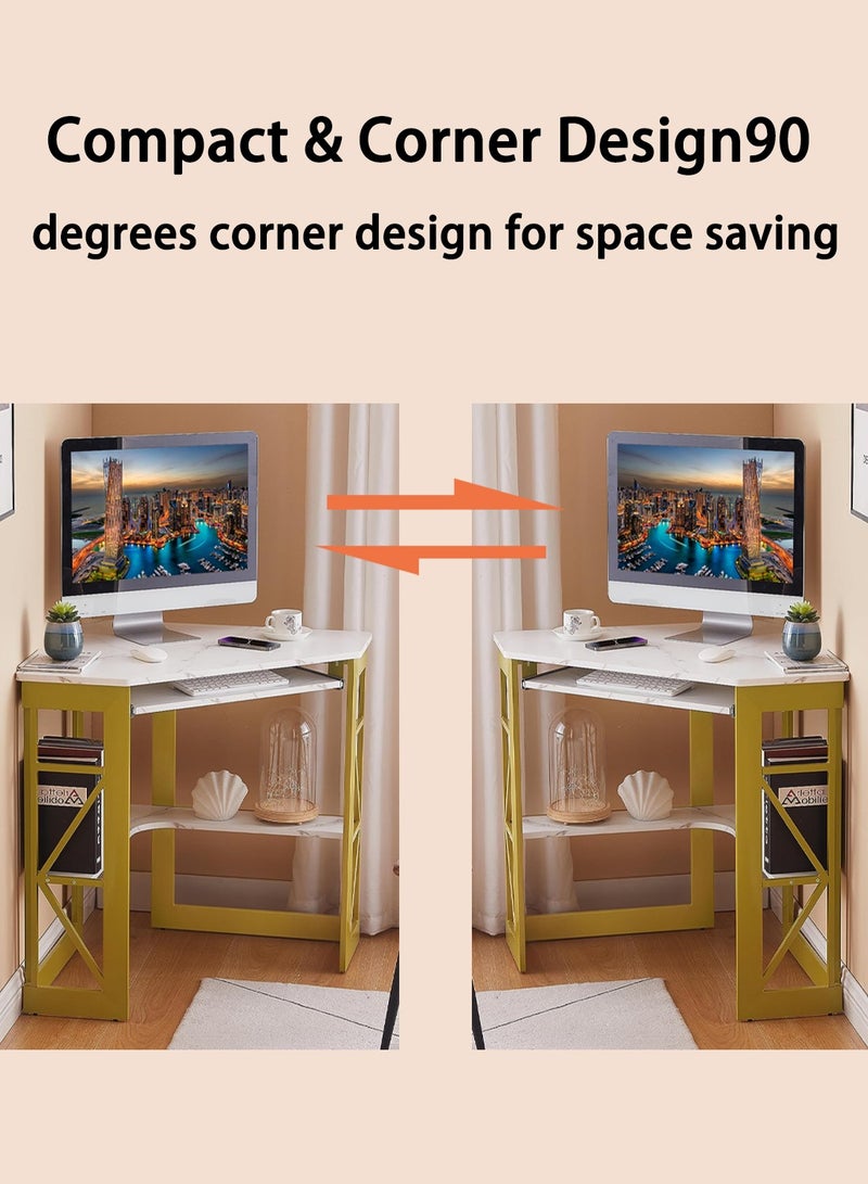 EqiEch Corner Computer Desk with Smooth Keyboard & Storage Shelves 80 x 80 x 75 cm Writing Study Desk Home Office Workstation(White&Gold)  - Image 4